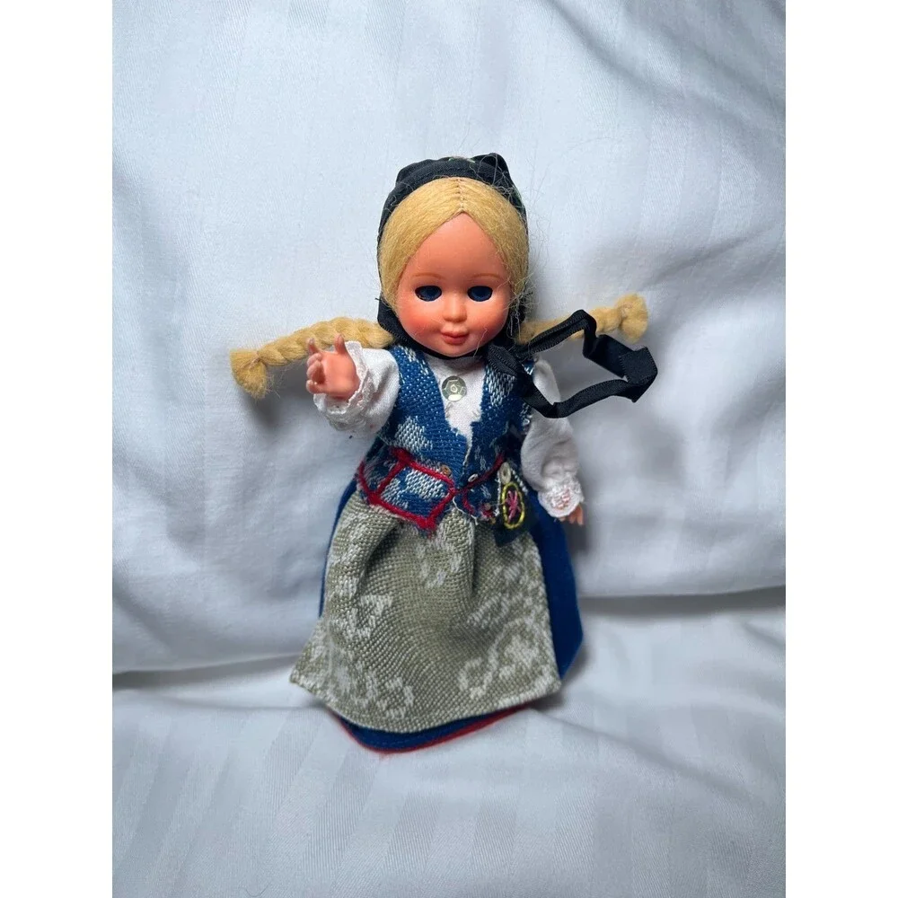 Vintage Scandinavian Folk Doll 6.5” Blonde Braids Blue Dress Ethnic Costume